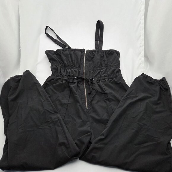 Pants - Lightweight Dressy Poly-Blend Overalls Black Jumpsuit Adjustable L